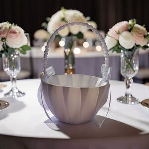 NEW White Satin Flower Girl Basket Pearl Bow Wedding